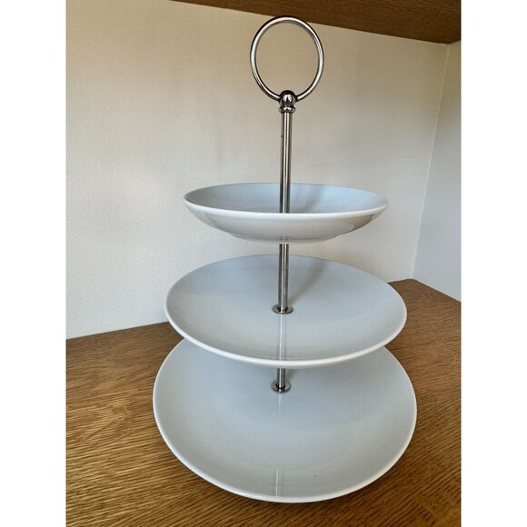 Pottery Barn Great White 3-Tier Tidbit Server Stand/Porcelain & Stainless Steel - Picture 1 of 8